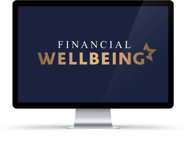 Computermonitor zeigt Schriftzug 'Financial Wellbeing' in goldener und weißer Schrift auf dunkelblauem Hintergrund, mit goldenem Stern-Detail